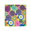 Whirly Swirly. This knot wrap shows multiple colourful, pinwheel-style, almost psychedelic, swirling circles on a calm green.